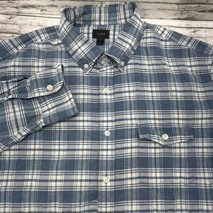 J Crew Shirt Men's L Blue Button Down Baird Mcnutt Irish Linen Blend Plaid Slim